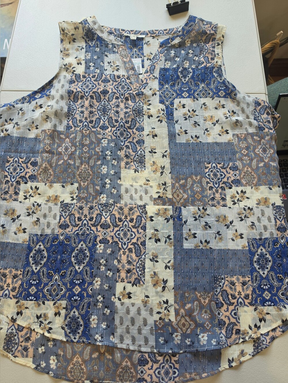 Maurices Blue Cream Patchwork Print Sleeveless Tank